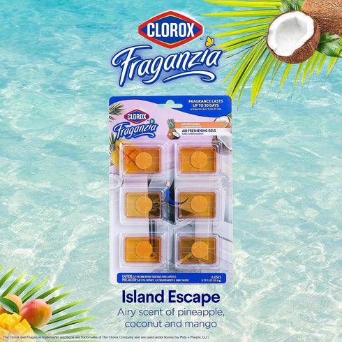 30 Closet, 0.12 Oz, 6 Count Clorox Fraganzia Stick-On Gel Fresheners, Island Escape Trash Can Deodorizer Up to Days