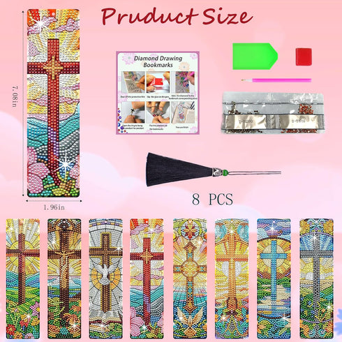 HTTDMY 8PCS (cross2) Diamond Painting Art Bookmarks,Cute Acrylic Bookmarks Crafts Kits Gifts with Pendants for Adult