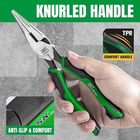 SK 8-Inch Long Nose Pliers, Needle Nose Pliers, Premium CR-V Steel with Ergonomic Non-slip Handle
