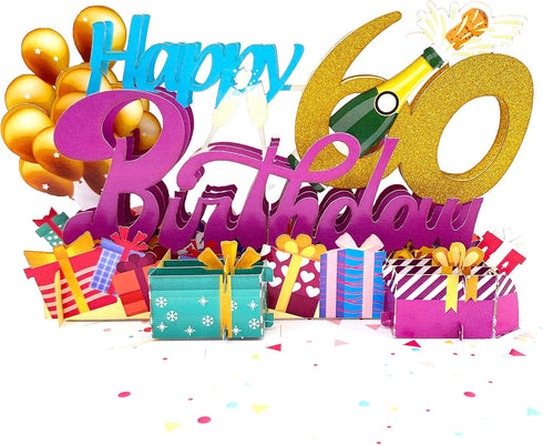 Liif Happy 60th Birthday 3D Greeting Pop Up Card, Funny Birthday Card for Women, Men, Celebration with Gold Glitter