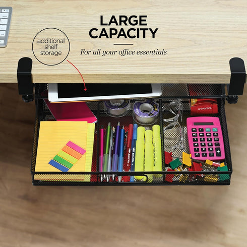 Under Desk Drawer Organizer Clamp-On, Mesh Metal Attachment, 1 Drawer Slide Out for Office Supplies & Home Essentials