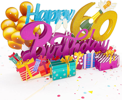Liif Happy 60th Birthday 3D Greeting Pop Up Card, Funny Birthday Card for Women, Men, Celebration with Gold Glitter