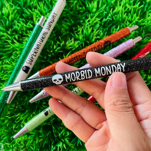 Jxueych 7Pcs Halloween Weekday Pens, Glitter Pens with Funny Sayings, Cute Gifts for Colleagues Office Supplies