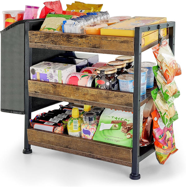 Aquzee Snack Organizer Rack for Countertop, 3 Tier Wooden Candy Display Shelf,