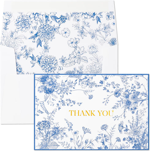 Crisky 50 Pack Blue Floral Thank You Cards Gold Foil Greeting Notes