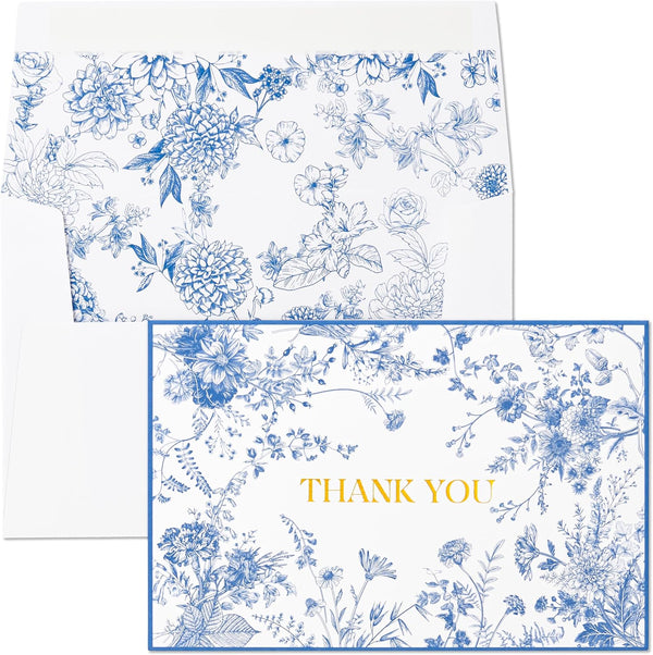 Crisky 50 Pack Blue Floral Thank You Cards Gold Foil Greeting Notes