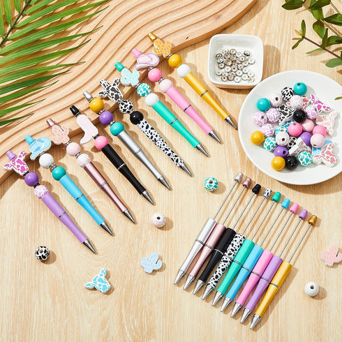 Geelin 18 Set Cow Print Beadable Pens Assorted Beadable Pens Kit Beaded Pens with 18 Pcs Pen Refills 112 Pcs Cow Themed Wooden Beads and 18 Pcs Packing Bags for Adults Kids School Office Supplies by Geelin