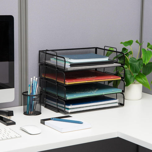 Mind Reader Stackable Paper Tray, Metal Mesh Desktop Organizer, File Storage for Office, 4 Pcs, Black