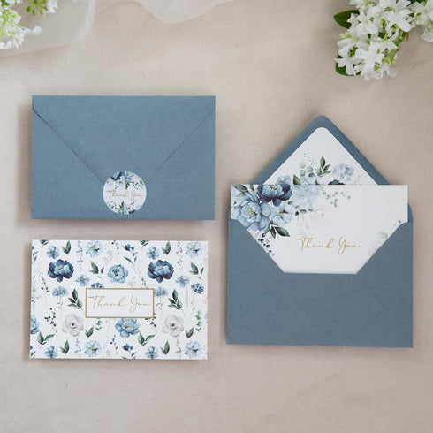 50 PACK 4x6 PONATIA Gold Foil Thank You Cards With Dusty Blue Envelopes, Floral Printing Greeting Cards With Adhesive