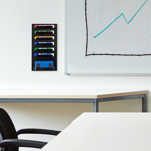 MyGit Wall Mounted Black Metal Dry Erase Marker Holder, Whiteboard Accessories Rack with 7 Slots for Markers and Eraser by MyGift