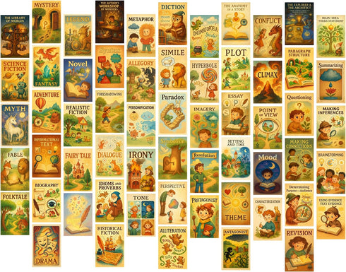 Print'N'Art English Literary Genres Elements Posters - 4x6 Inches 60 pcs Double Sided