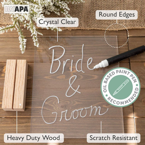 Ilyapa Acrylic Sign Holders with Natural Wood Stands, 4 Pack - 8x10 Inch Blank Table Numbers for Wedding Reception