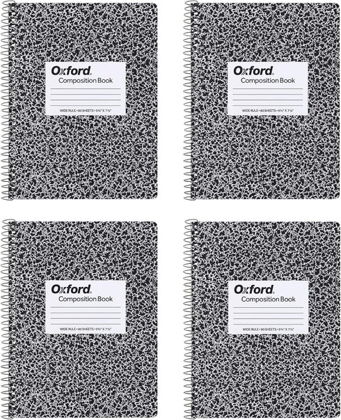 Oxford Spiral Composition Notebooks, 4 Pack, Wide Ruled Paper, 9-3/4 x 7-1/2 Inches, 80 Sheets, Black Marble Cover