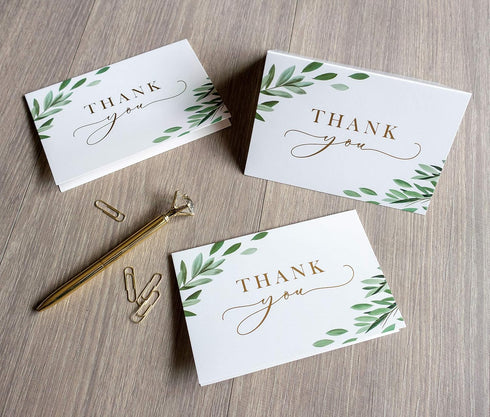 4x6 20-Pack) Set, Gooji Greenery Leaves Gold Foil Thank You Cards (Bulk Matching Peel-and-Seal White Envelopes |