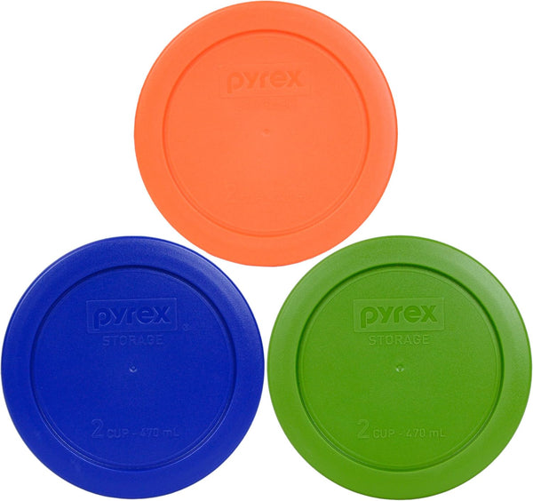 Pyrex 7200-PC Food Storage Replacement Lids - (1) Lawn Green, (1) Orange, (1) Cadet Blue, 2-Cup - Made in USA