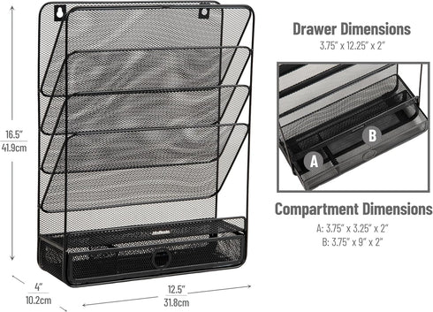 Mind Reader 4-Tier Vertical File Storage, Desktop Organizer, Wall Mount, Metal Mesh, 12.5" L x 4" W x 16.5" H, Black