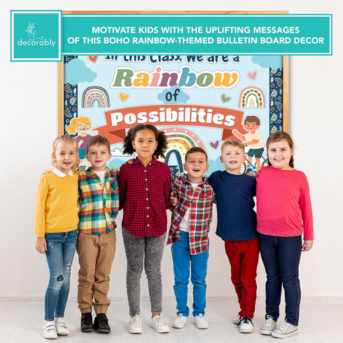 Decorably 55 Pcs Boho Rainbow Classroom Theme Set with Borders - Boho Bulletin Board Decorations for Classroom