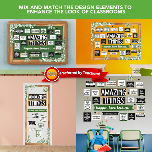 Decorably 105 Pcs Farmhouse Bulletin Board Decorations Set with Borders, Amazing Things Happen Here Classroom Decor