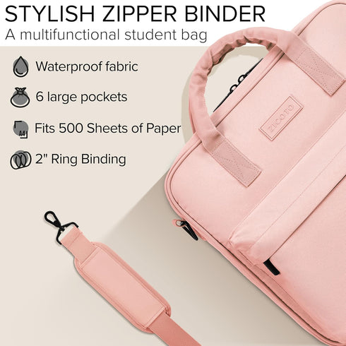 Sturdy 3 Ring Zipper Binder with Shoulder Strap, 2 Inch Zip Up Binder, Holds 500 Sheets, Durable Premium Fabrics