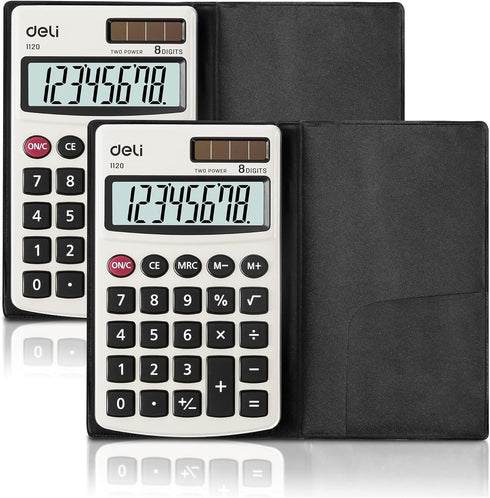 Deli Standard Function Basic Calculator, Solar Battery Dual Power Office Calculator with Cover, Metal Panel, 2 Pack