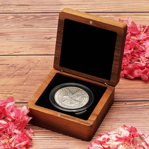 8cm Single Walnut Wood Challenge Coin Presentation Display Box Storage Case Square and Plastic Coin Capsules