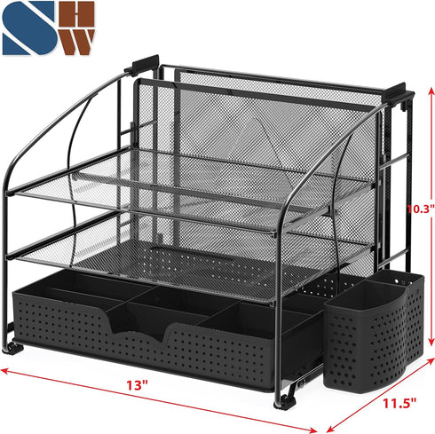 Simple Houseware Desk Organizer, 3 Tray with Sliding Drawer, Hanging File Holder, Black
