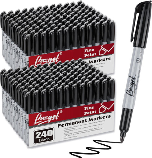 LAZGOL 240 Pack Permanent Markers Bulk, Fine Tip Black Permanent Markers, Waterproof Markers, Premium Smear Proof Pens