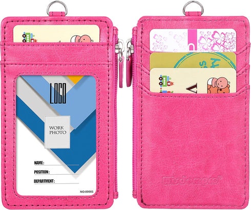 Badge Holder with Zip, Wisdompro Double Sided PU Leather ID Card Holder Wallet Case with 5 Card Slots, Hot Pink