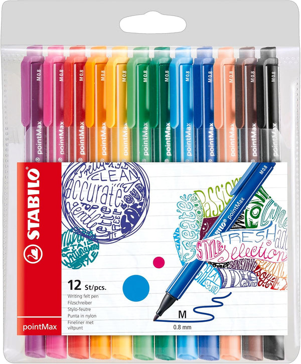 STABILO Fineliner pointMax, Pack of 12 Assorted Colors, 0.8mm Tip, Water Based Quick Dry Ink