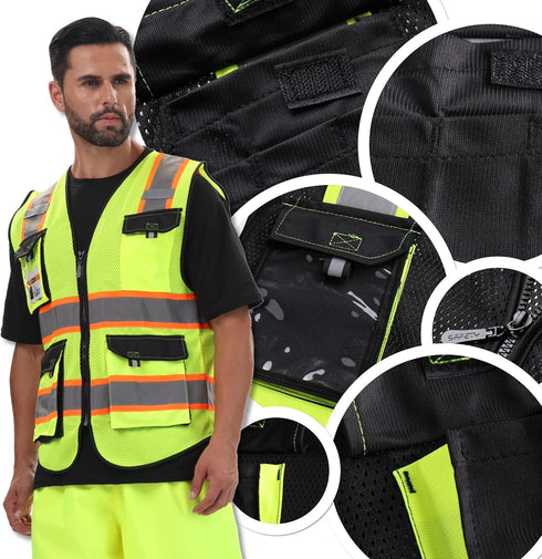 JKSafety Hi Vis Reflective Safety Vests for Men & Women, High Visibility Vest with Pockets, Black, XXL