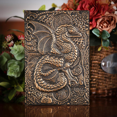 Unlined Journal - A5 Blank Sketchbook with Dragon Brass 3D-Embossed Art Pattern, 8.4" x 5.7", 100 Sheets, 200 Pages,