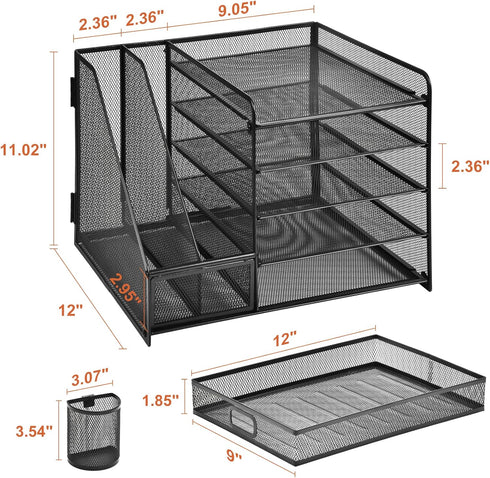 Marbrasse Desk Organizer with File Holder, 5-Tier Paper Tray Organizer with Drawer and 2 Pen Holders for Office Supplies