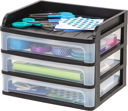 IRIS USA Plastic Desk Top 3-Drawer Storage Organizer, 1-Pack for Makeup, Art Supplies, Medium, Black
