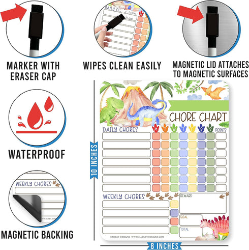 Magnetic Chore Chart for Kids - Good Behavior Dry Erase Daily & Weekly Responsibility List, Dinosaur Design