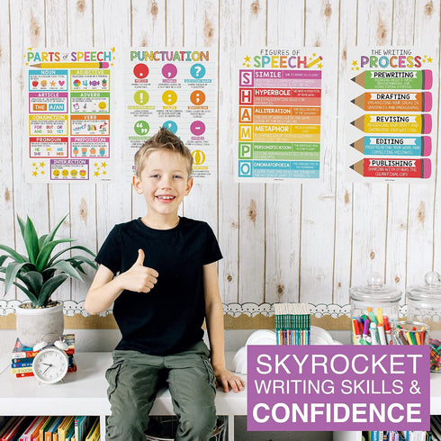 Hadley Designs 4 Colorful Grammar Posters for Language Arts, ELA Classroom Parts of Speech and Writing Process Posters