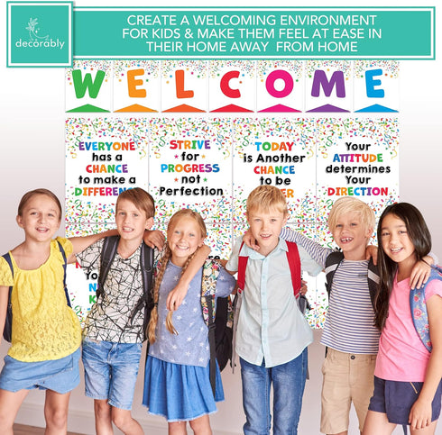 Decorably Welcome Posters for Classroom - 15 Confetti Themed Decorations and Welcome Sign