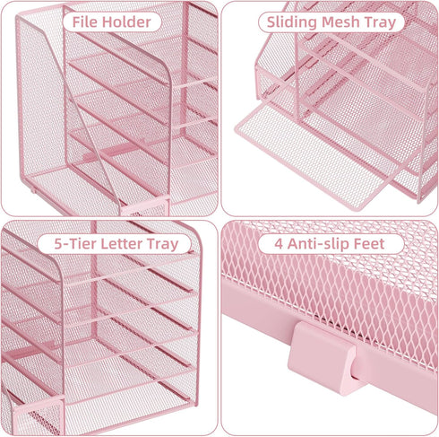 Marbrasse 5-Tier Paper Letter Tray Organizer, Mesh File Organizer for Desk, Pink