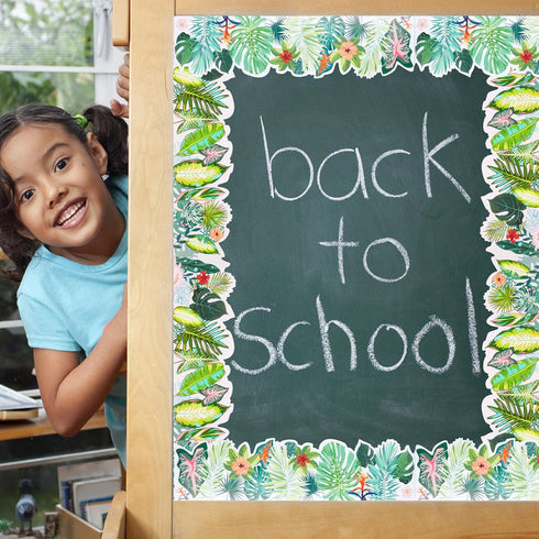 Bulletin Board Border with Green Plant Tropical Die-Cut Rolled Two-Sided Printed Palm Tree Leaves for Classroom
