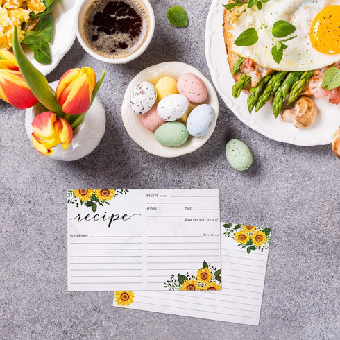 Zonon 50 Pieces Sunflower Recipe Cards, 4x6 Double Sided Kitchen Note Cards for Wedding, Bridal Shower