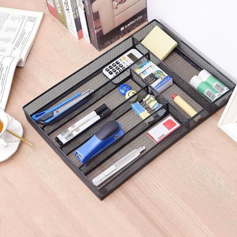 WuGeShop Desk Drawer Organizer | 6 Compartments Mesh Tray for Stationery & Office Supplies, Black