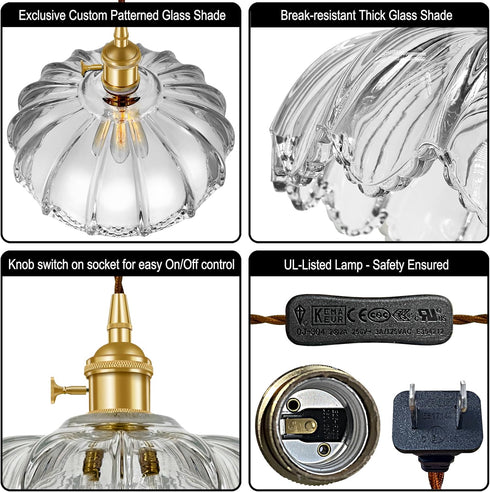 Plug-in Pendant Light Fixture, Hanging Light Fixture, Glass Pendant Light, Swag Lamp with Inline On/Off Switch