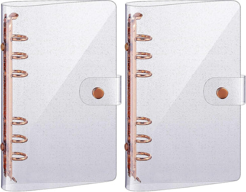 Tenare 2 Pcs Clear A6 Binder Glitter Budget Binder PVC 6 Ring Cover Rose Gold Soft Notebook Transparent Shell