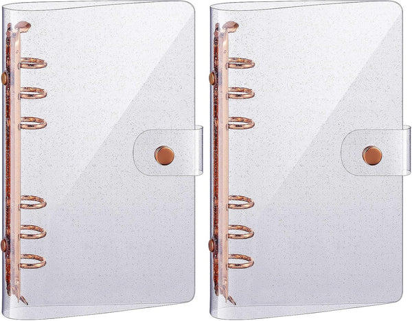 Tenare 2 Pcs Clear A6 Binder Glitter Budget Binder PVC 6 Ring Cover Rose Gold Soft Notebook Transparent Shell