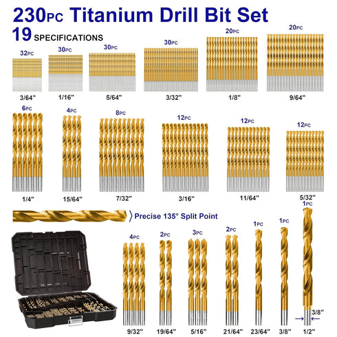 230 Pieces Titanium Twist Drill Bit Set, 135° Tip High Speed Steel, Ideal for Wood, Cast Iron, and Plastic