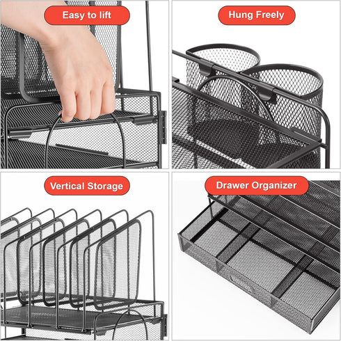 Marbrasse Desk Organizer with Drawer, 4-Tier Mesh File Organizer with 5 Vertical Holders and 2 Pen Holders