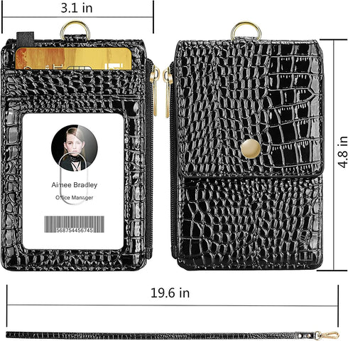 ELV Black Badge Holder with Zipper, PU Leather ID Wallet, 5 Card Slots, RFID Pocket & 20" Neck Lanyard Strap for ID