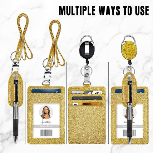 Retractable ID Badge Holder, Bling Rhinestone Badge Reel with Belt Clip, Shiny PU Leather Holder for Nurse, Teacher