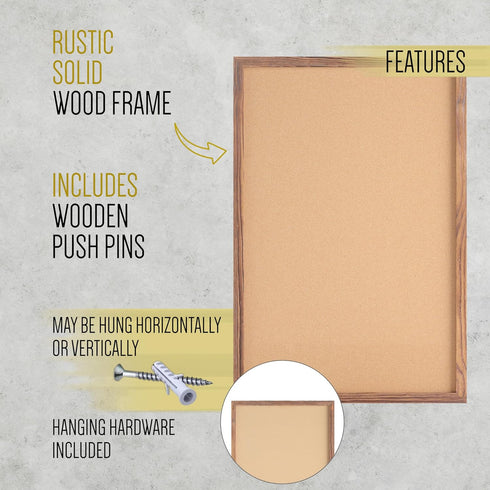 HBCY Creations Wall Mount Cork Board, 24"W x 36"H, Torched Wood with 6 Wooden Push Pins, Solid Pine Frame