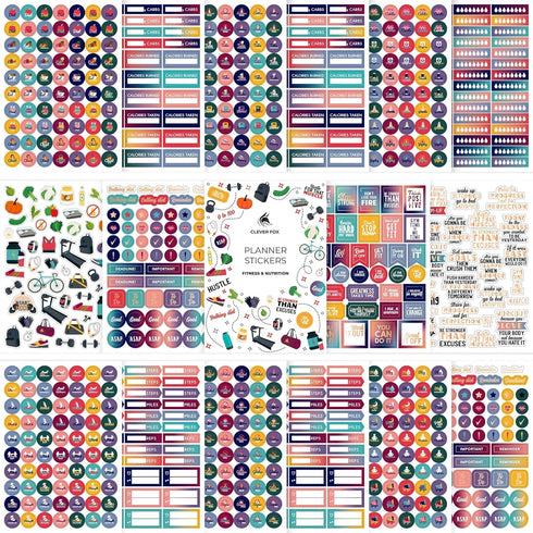 Clever Fox Planner Fitness Sticker Set, 16 Sheets of 841+ Unique Stickers for Monthly, Weekly & Daily Planning