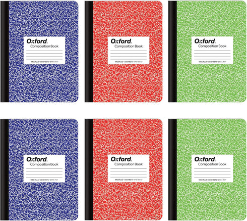 Oxford Composition Notebook 6 Pack, Wide Ruled, 9-3/4 x 7-1/2 Inches, 100 Sheets, Assorted Marble Covers